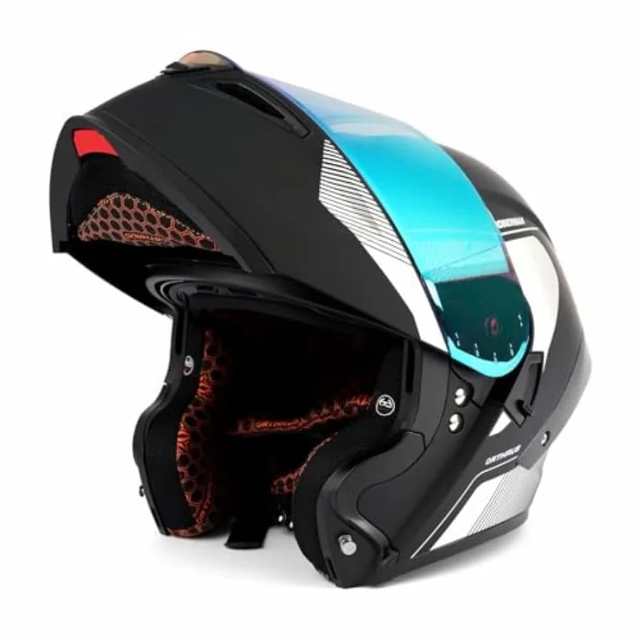 Casco Moto Modulare LED Integrale con Omologazione DOT per Adulti Uomini Donne - Dotato di Doppia Visiera Ribaltabile e Protezione Solare Blu