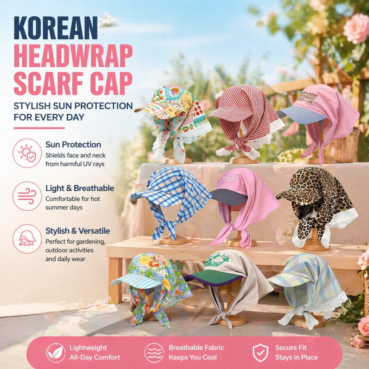 Korean Style Bandana Sun Hat for Women Lace Up Baseball Cap Sun Protection Headscarf Hat Summer Beach Outdoor Floral Print Cap