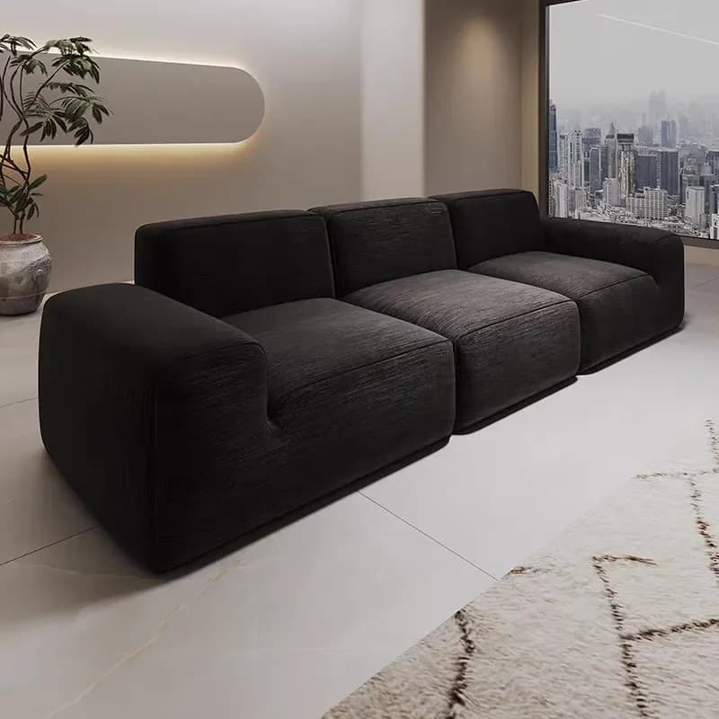 Vacuum Compressed Chenille Fabric Sofa Tofu Block Design Large Black Cowhide Sponge Frameless Living Room Furniture for