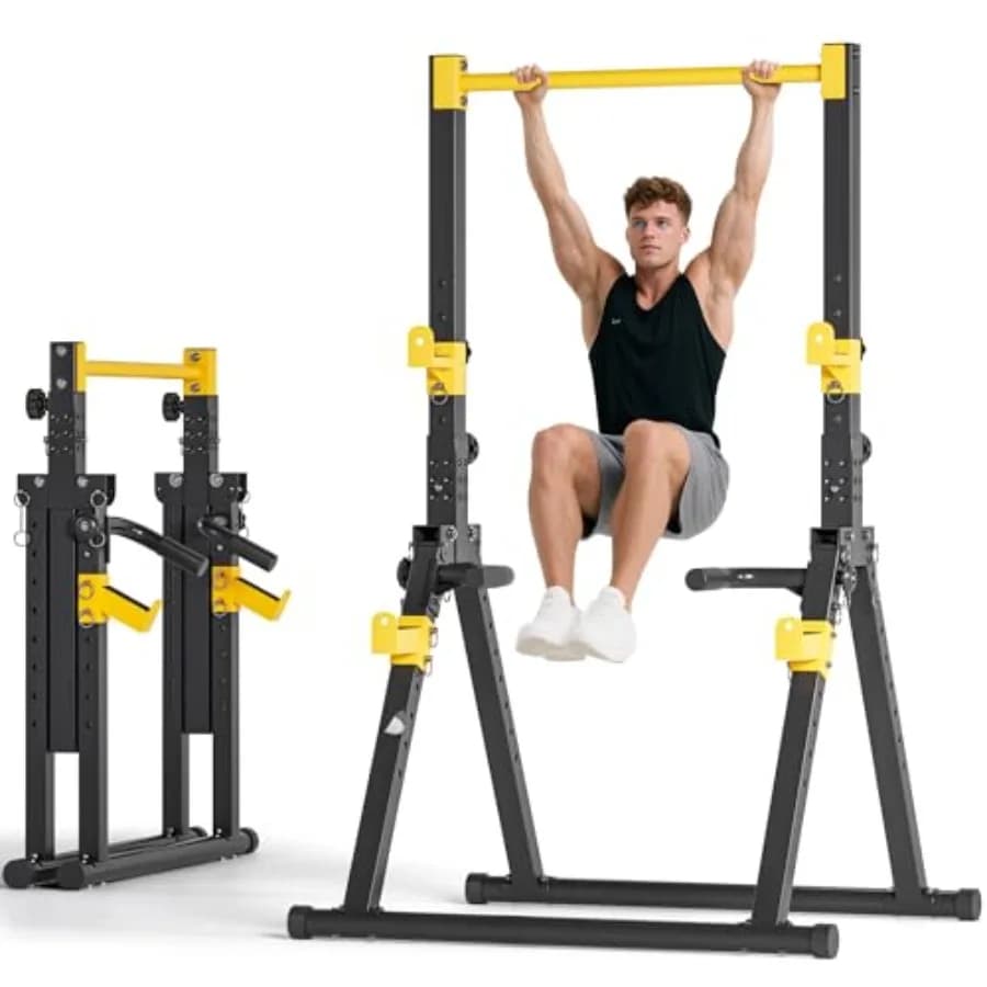 Foldable Multifunction Station for Tractions and Dip, Adjustable, Self-supporting, with Triangular Design and Black Steel Frame for Home Gym
