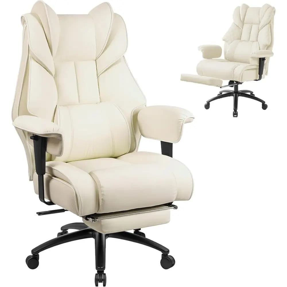 Ergonomic High-Back Leather Office Chair with Footrest, Lumbar Support, and 2D Armrests for 400lbs, Beige