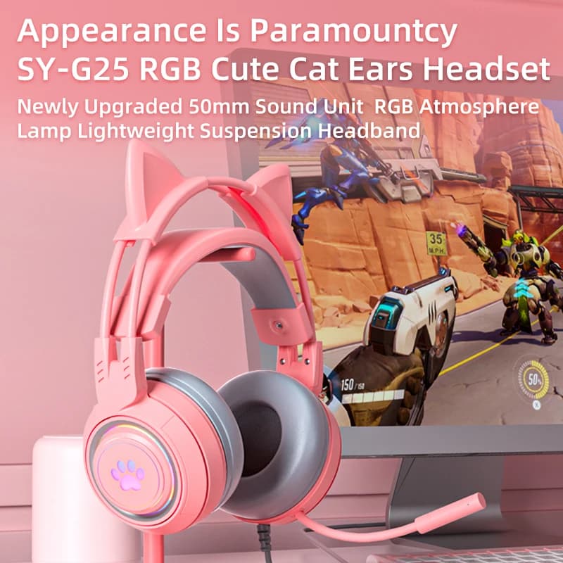 Cuffie da gioco Cat Ear rosa carine per ragazze e bambini - Microfono con cancellazione del rumore illuminato, suono surround, jack da 3,5 mm per interruttore PC PS4 PS5