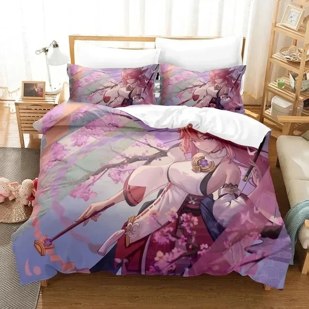 Anime Genshin Impact Yae Miko Gioco Set biancheria da letto Copripiumino Set letto Copripiumino Federa Trapunte King Queen Size Ragazzi Adulti