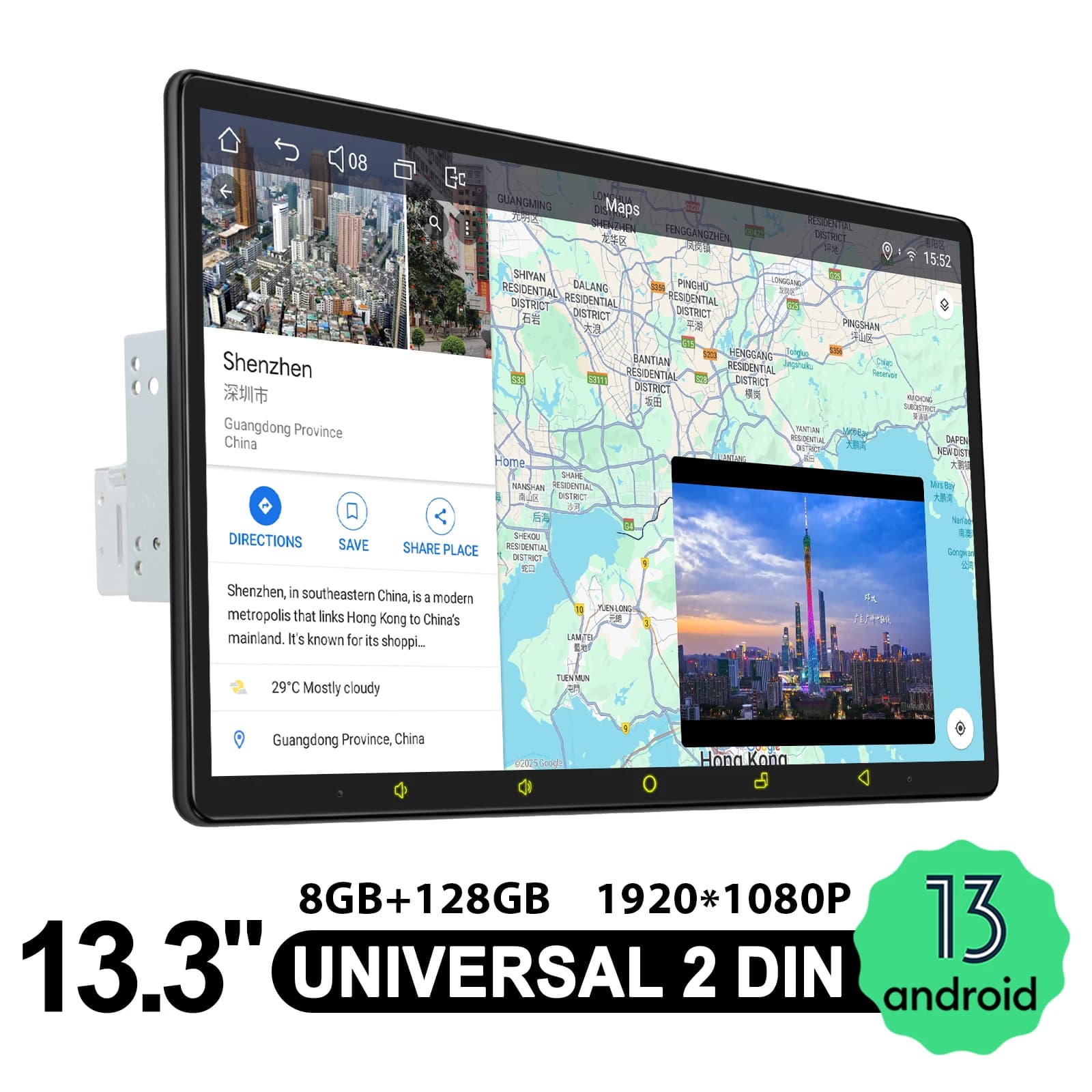 Radio stereo per auto galleggiante da 13,3 pollici con carplay wireless e sistema audio per auto intelligente Android Supporta 360 ° Installazione della fotocamera