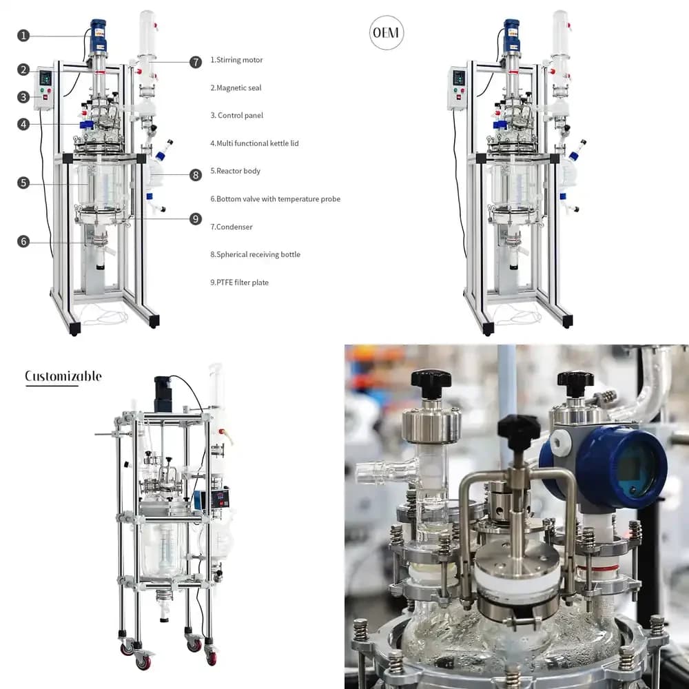 Reattore in Vetro ad Alta Pressione Automatico 5L-200L, Pentola di Reazione con Camicia, Pompa Motore PLC, Componenti Principali del Recipiente a Pressione