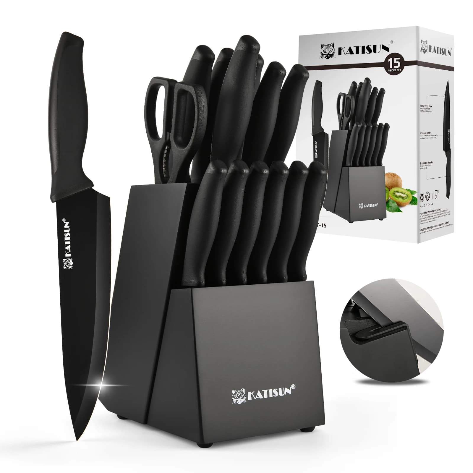 Set di 15 coltelli da cucina Katisun con blocco, tagliere, affilacoltelli, acciaio tedesco, manico antiscivolo, 6 coltelli da bistecca, nero