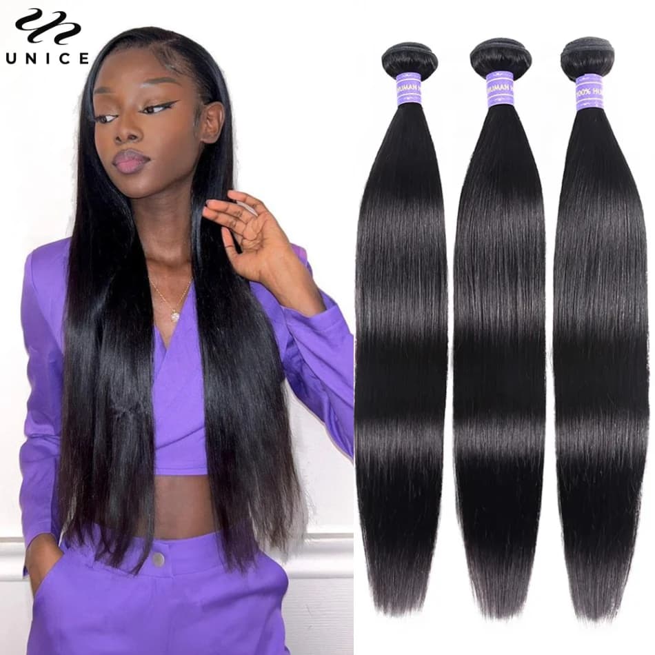 Unice Hair 8A Grade Straight Human Hair Band 3 Pieces Affe 100% human hair Natural Black Sew in quick fabric bundles Hair
