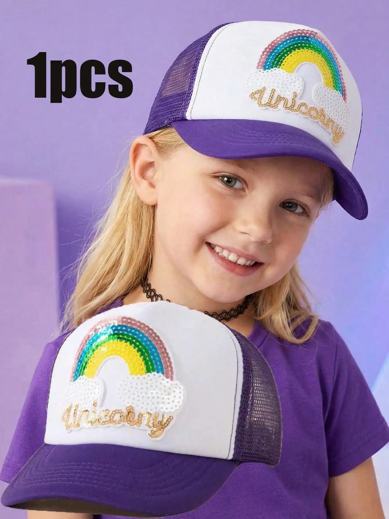 Cappello da baseball in rete con paillettes viola arcobaleno per ragazze da 3 a 8 anni, traspirante, con fibbia regolabile, cappello da sole per sport all'aria aperta