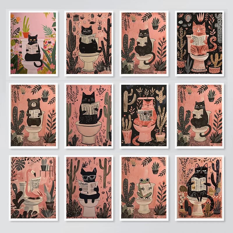 Funny Black Cat Dog Frog Animals On The Toilet Reading Poster Bath Prints Canvas Painting Wall Art Pictures for Toilet WC Decor