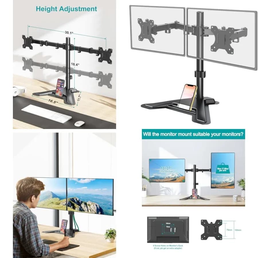 Supporto per Monitor, Supporto da Scrivania per Monitor a Movimento Completo, Adatto per 2 Schermi fino a 27 Pollici, 8 kg, con Altezza Regolabile e Rotazione