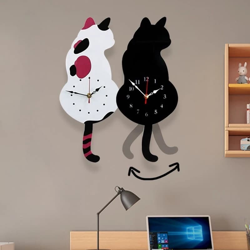 Orologio da Parete a Forma di Gatto, Decorazione Artistica in Acrilico per Casa, Soggiorno, Camera dei Bambini, Creativo con Coda che si Agita