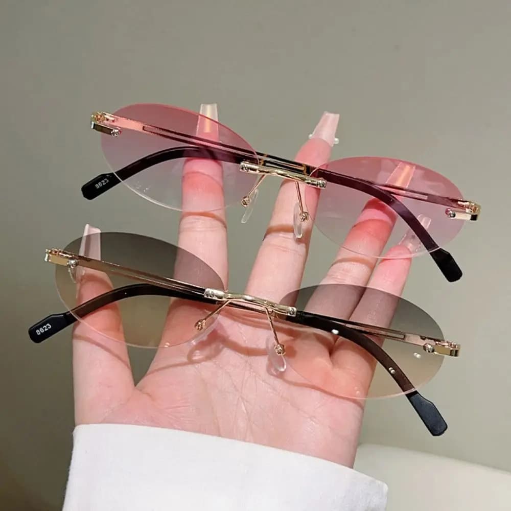 Classic Rimless Design Oval Sunglasses Gradient Lens UV400 Protection Eyeglasses Shades for Women & Men