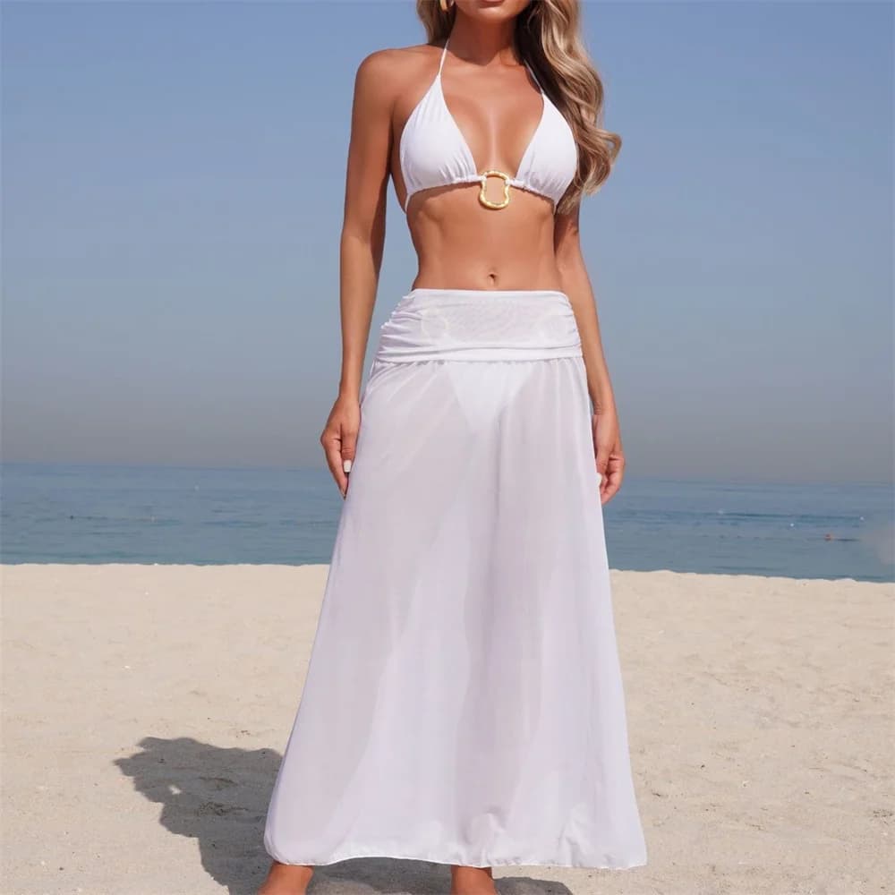 Anelli sexy Bikini Triangolo String Costume da bagno Fasciatura senza schienale Vacanza Costumi da bagno Gonna a rete Donna Beach Outfit Costume da bagno Bikini