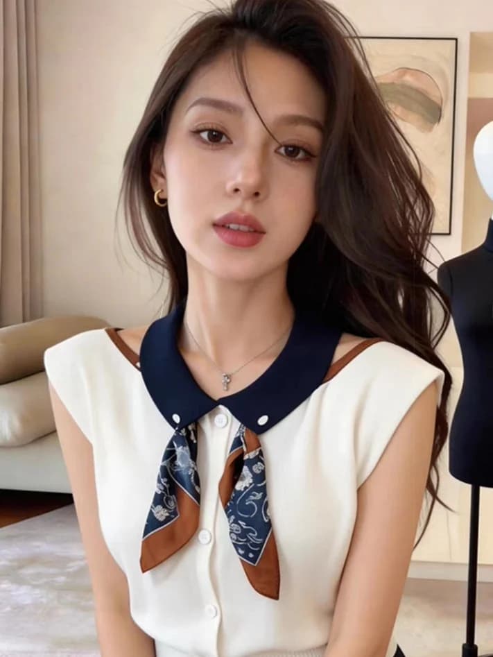 Stylish Neck Sleeveless Knitted Sweater Women's Fashionable Silk Scarf Recommended Summer New Arrival Commute Style