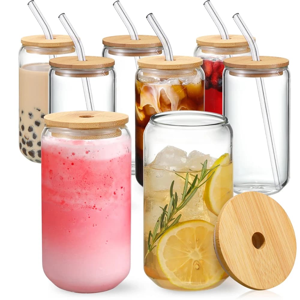 1pc Tazze di vetro con coperchi in bambù e cannuccia 350ml/550ml Vasetti di vetro Tazza da caffè Birra a forma di lattina per cocktail Whisky Latte Succo Cola