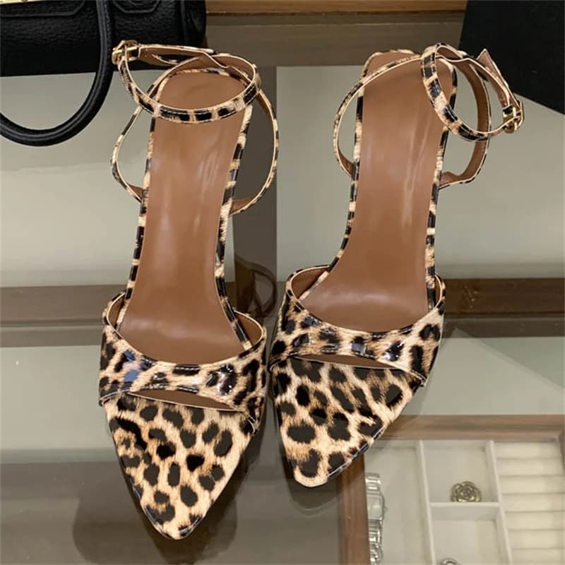 Eilyken Sexy Design Wedges High Heels Buckle Strap Women Sandals Designer Leopard Print Square Toe Banquet Dress Shoes