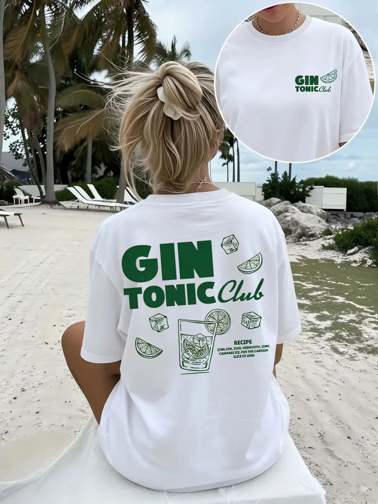 T-shirt estiva Harajuku Streetwear da spiaggia con stampa grafica Gin Tonic Club, casual a maniche corte, girocollo, per vacanze e tempo libero