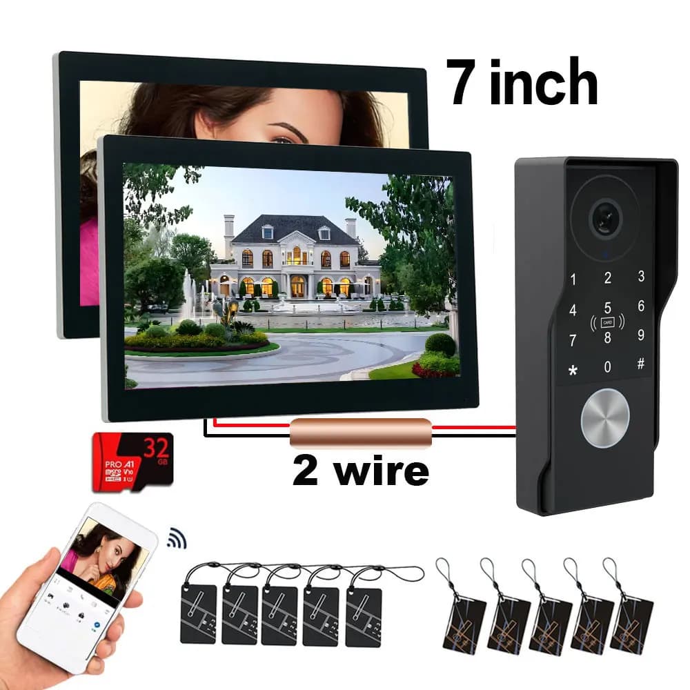 Videocitofono Wi-Fi Tuya a 2 Fili 1080P con 2 Monitor Touch da 7'' e Sblocco Tramite PIN o Scheda IC - Sistema di Sicurezza con Telecamera