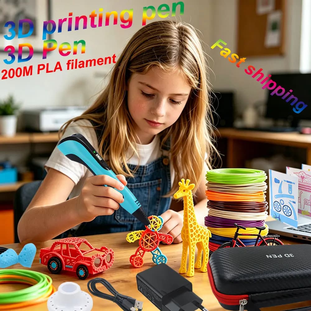 2026 Christmas Popular Gifts Children 3D Printing Pen with LED Display Power Adapter Travel Case PLA Filament Kids Love DIY Toys