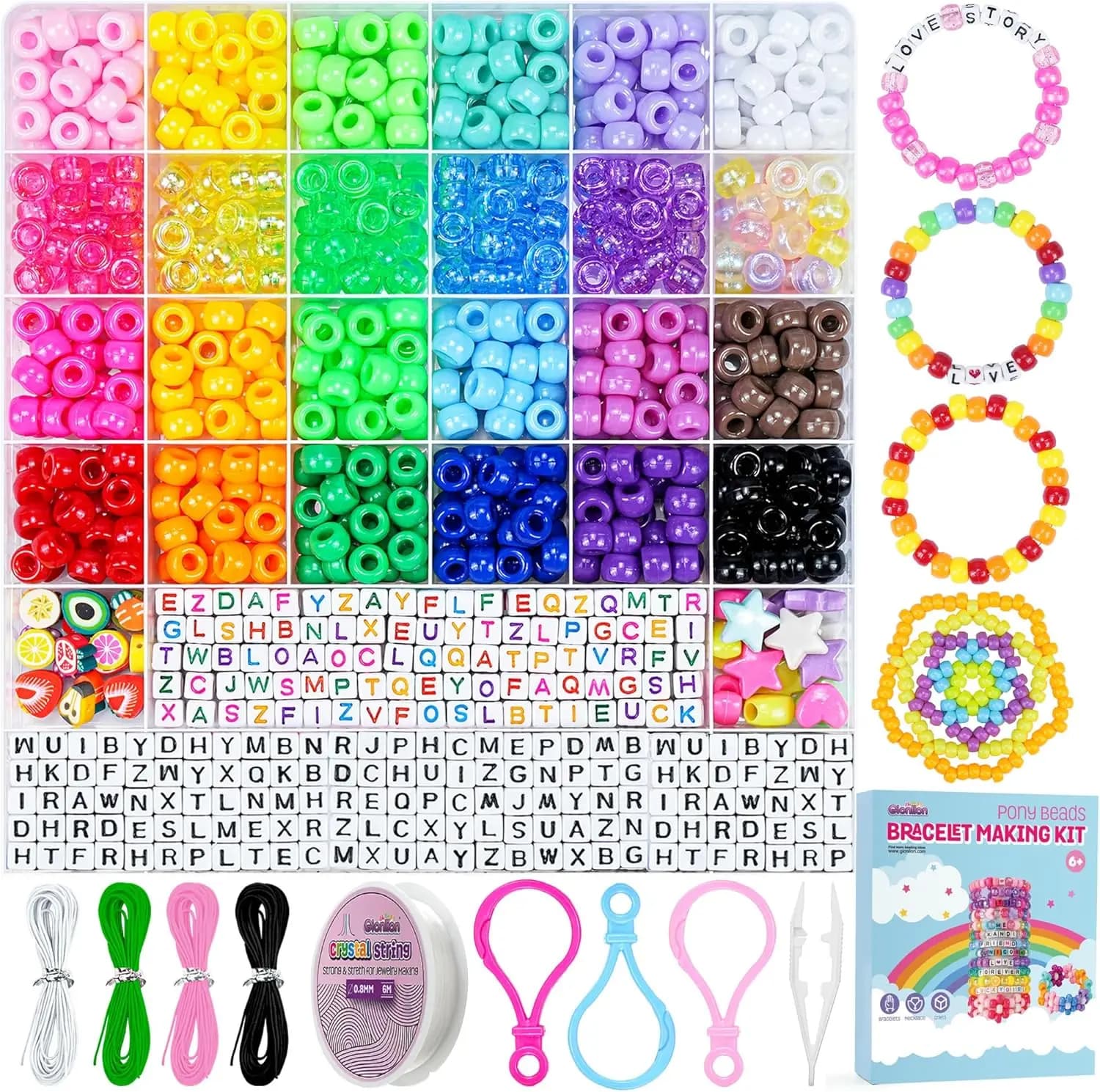 1000PCS Pony Beads Bulk Bracelet Making Kit, 24 Colors Kandi Beads for Bracelets and Jewelry Making, Letter Beads and Charms for