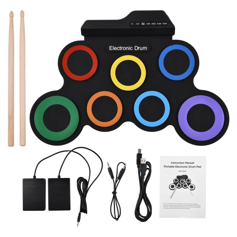 Batteria elettrica Kit Pad tamburo portatile 7 Pad con cuffie Jack pedali bacchette strumenti musicali pratica Pad Drum Kit
