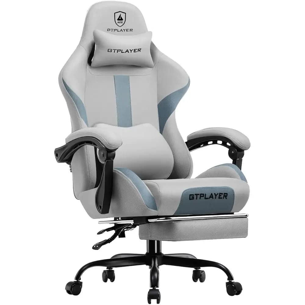Sedia da Gaming Ergonomica con Schienale Alto, Poggiapiedi, Supporto Lombare e Tessuto Traspirante per Ufficio e Casa, Grigia