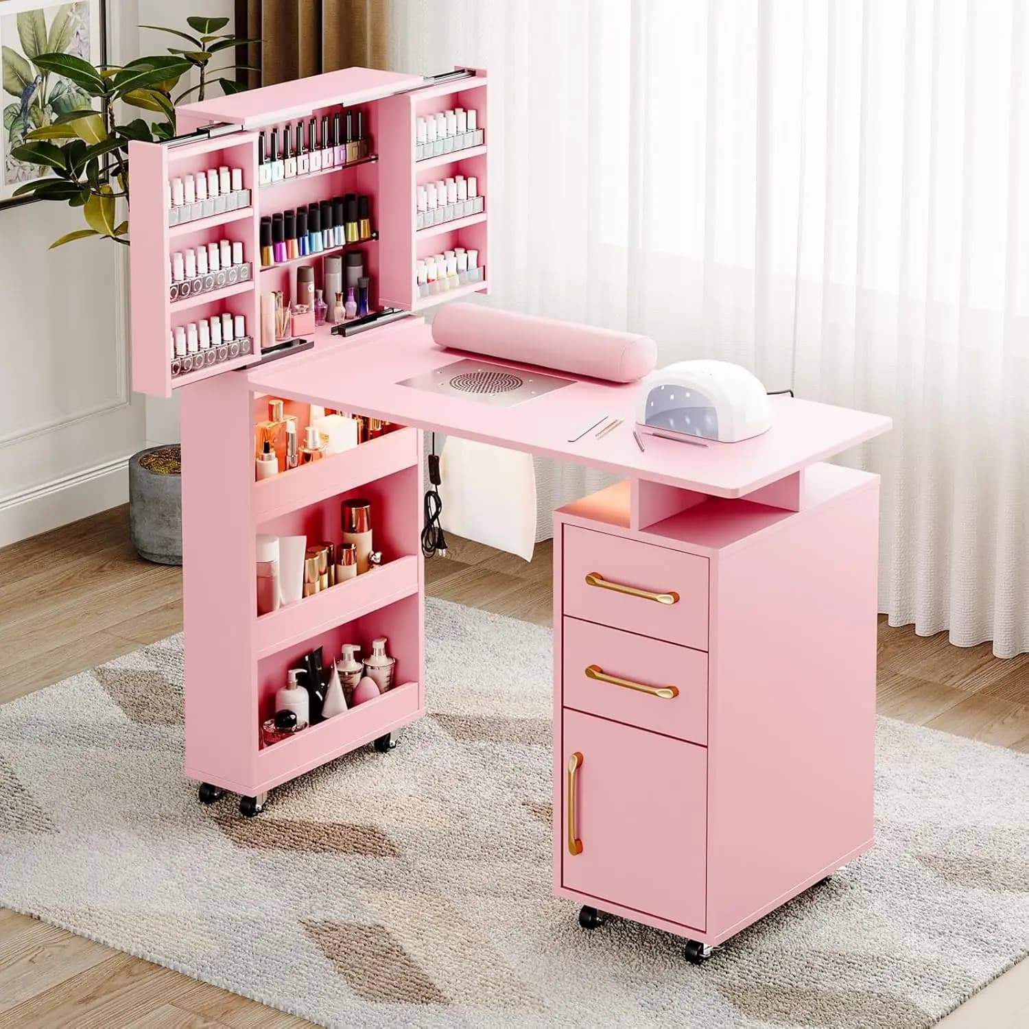 Tavolo per Manicure con Mobiletto Estensibile per Smalti, Scrivania per Unghie con Luce LED, Aspiratore di Polvere, Poggiapolsi, Ruote Bloccabili, per Salone di Bellezza