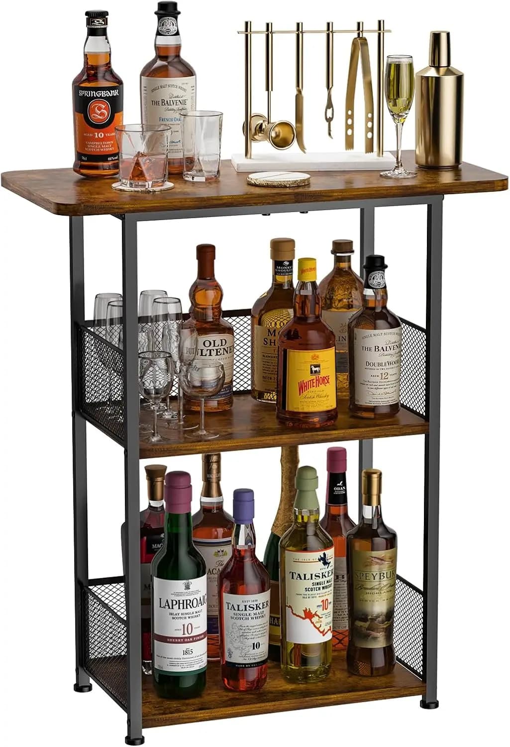 Espositore angolare da tavolo per mini bar, scaffale per whisky a 3 livelli, per bottiglie, tazze per cocktail shaker