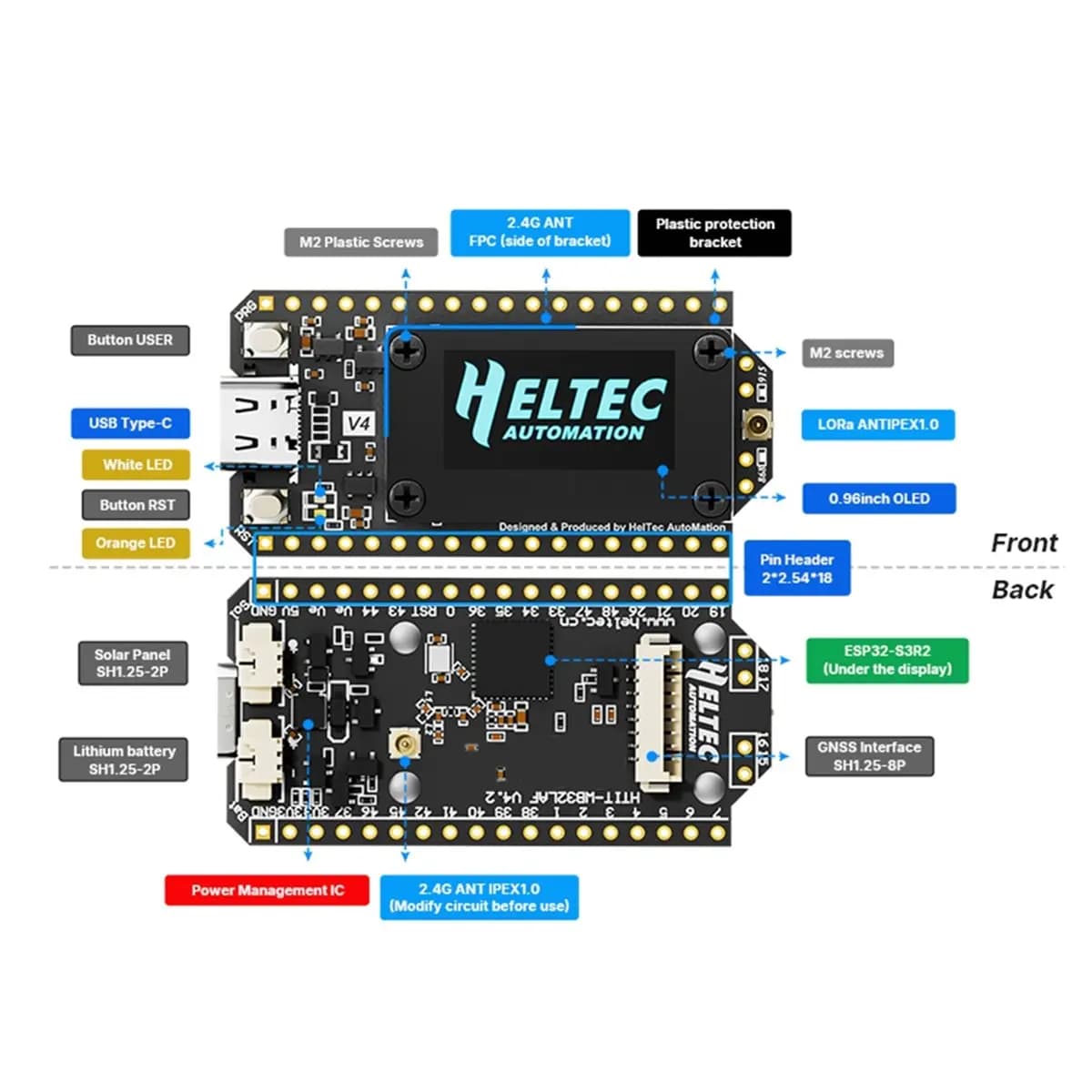 Set Scheda di Sviluppo Heltec V4 Meshtastic WiFi LoRa 32 con Batteria da 3000mAh, Antenna Flessibile, ESP32 SX1262, Alimentazione Solare, BLE A