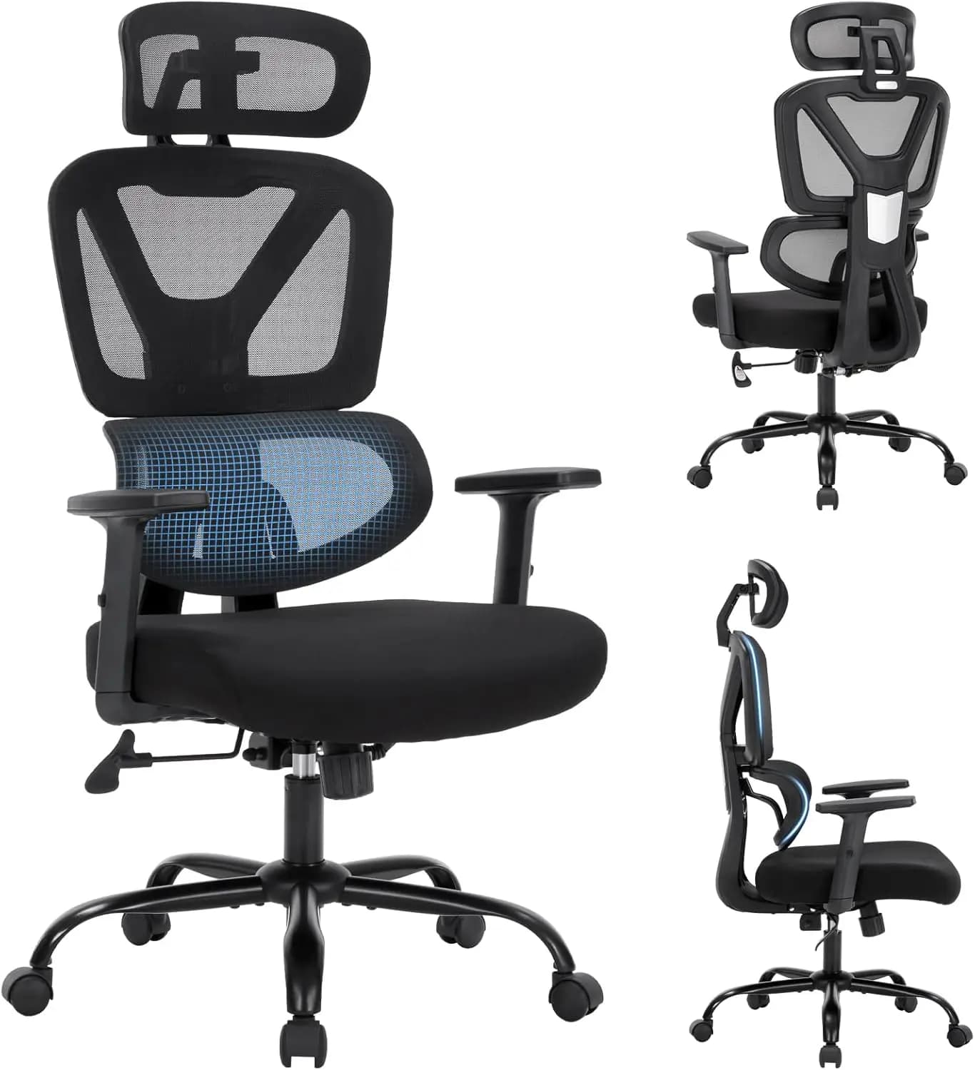 Sedia Ergonomica con Schienale Alto in Rete, Supporto Lombare Regolabile, Poggiatesta, Braccioli Inclinabili, Traspirante, per Casa, Ufficio, Gaming, Nera