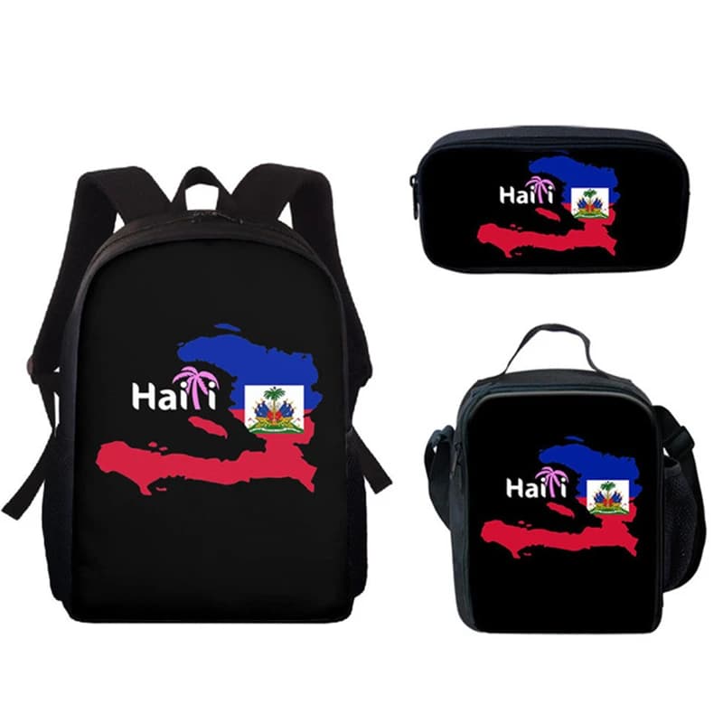 Cartoon Novelty Peculiar Cool Haiti Flag 3D Print 3pcs/Set pupil School Bags Laptop Daypack Backpack Lunch bag Pencil Case