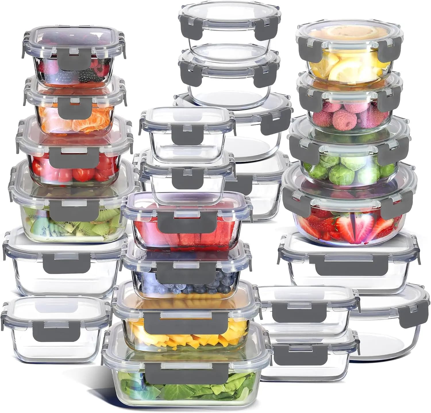 Set di 48 Contenitori in Vetro con Coperchi, 24 Contenitori in Vetro e 24 Coperchi Ermetici per Dispensa, Preparazione Pasti, Adatti per Forno, Microonde e Lavastoviglie, Grigio