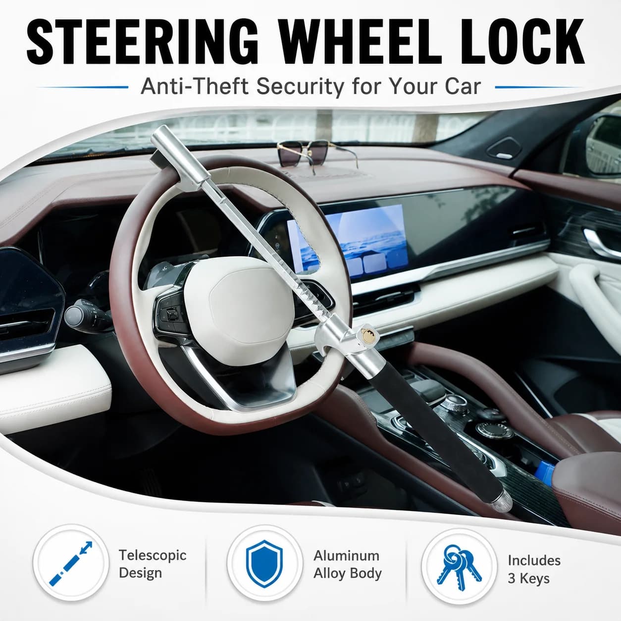 Universal Car Steering Wheel Lock Aluminum Alloy Telescopic U-Shaped Anti Theft Security Bar Immobilizer