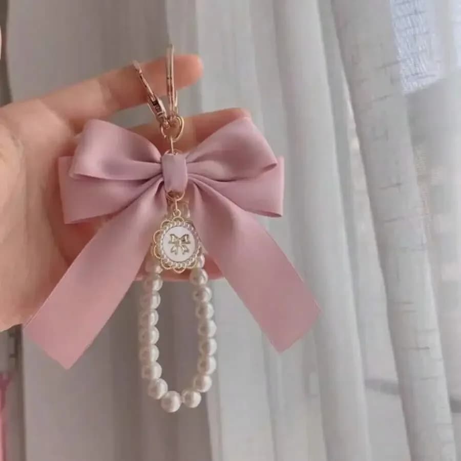 Matte bow keychain with faux pearl accent • beaded bracelet • vintage charm • wallet sock backpack car ribbon pendant • Valentin