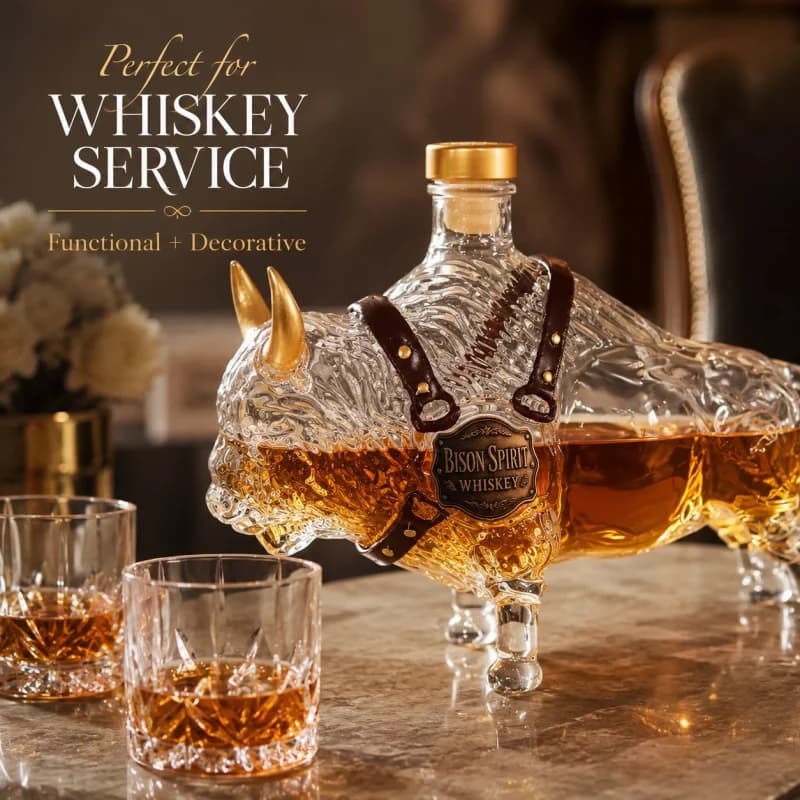 Bison Shaped Whiskey Decanter Buffalo Glass Liquor Bottle With Golden Horn Leather Strap Western Farm Style Spirit Dispenser Bar