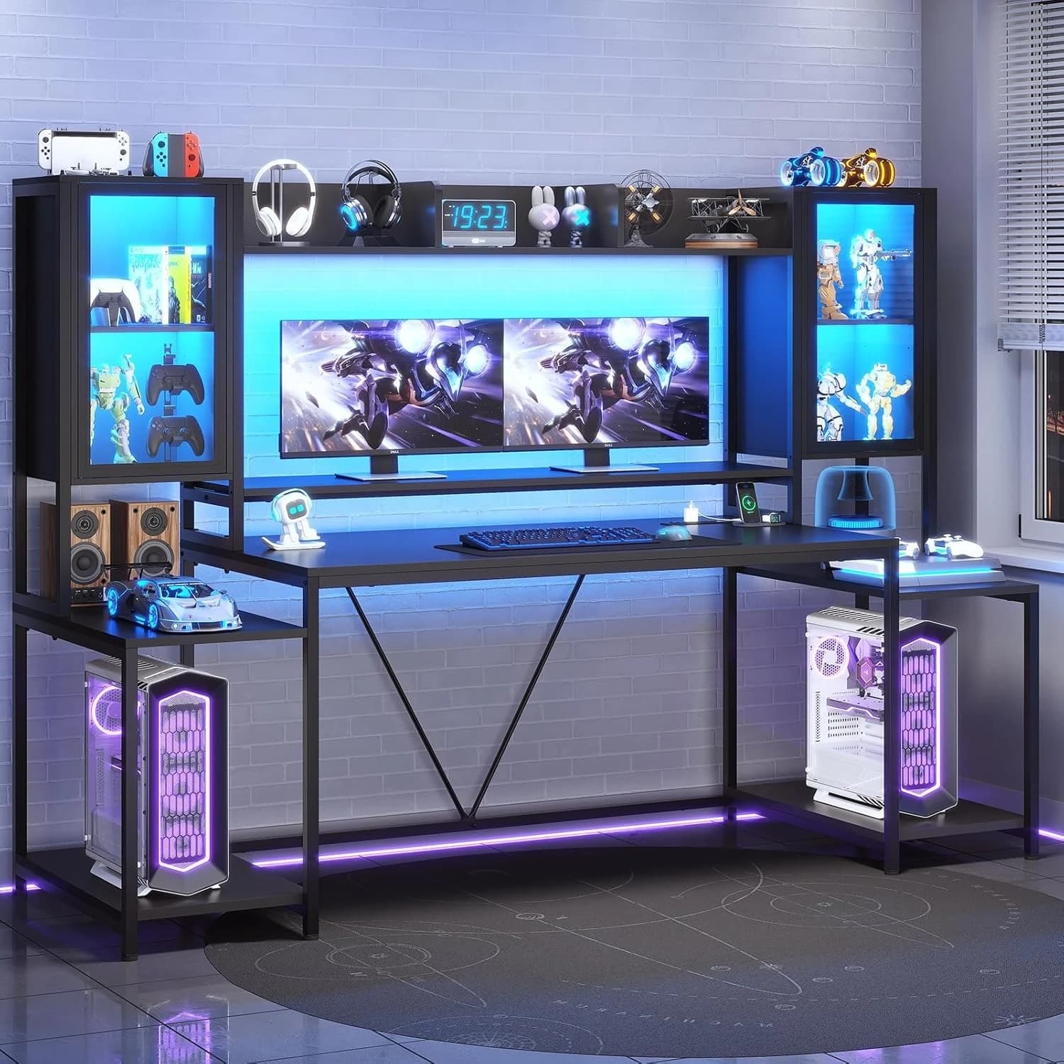 Desktop from Gaming 74.8''' with LED lights, shelf and shelves, Computer Desk with Monitor Support, Customizable