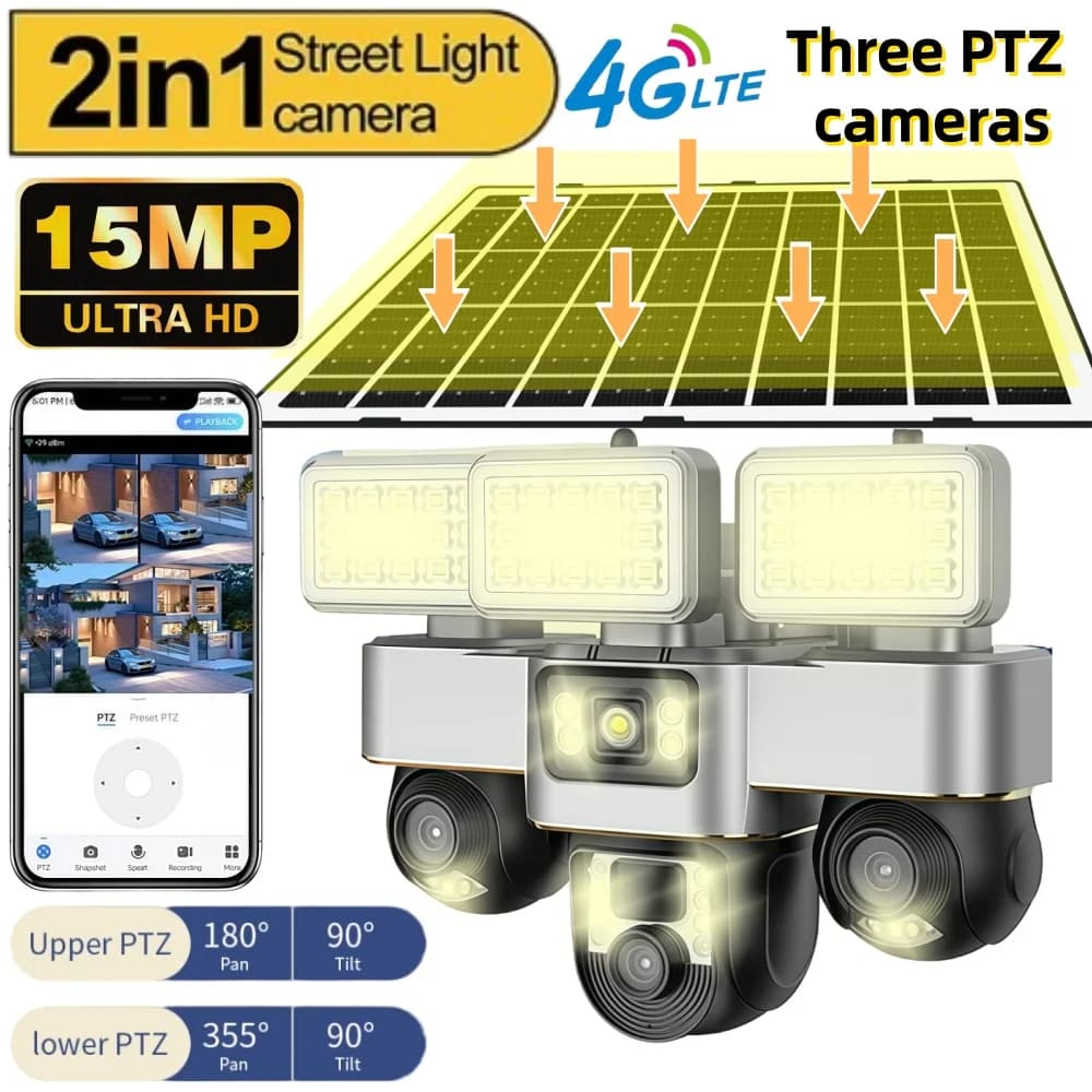 V380 pro 15MP 8K Tre obiettivi 4G Telecamera solare Telecamera esterna impermeabile PIR Rilevazione umanoide Monitor video di sicurezza Visione notturna