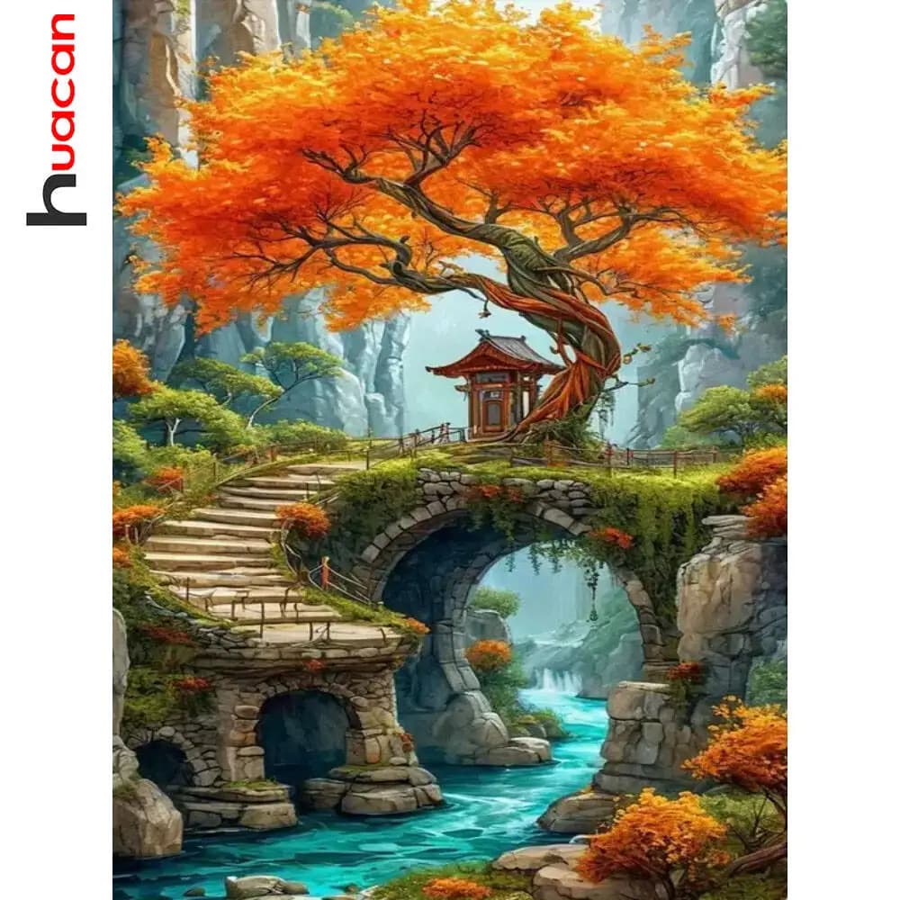 Huacan Beautiful Scenery DIY Diamond Painting Bridge River Mosaic Art Tree Embroidery Kits Home Wall Decoration