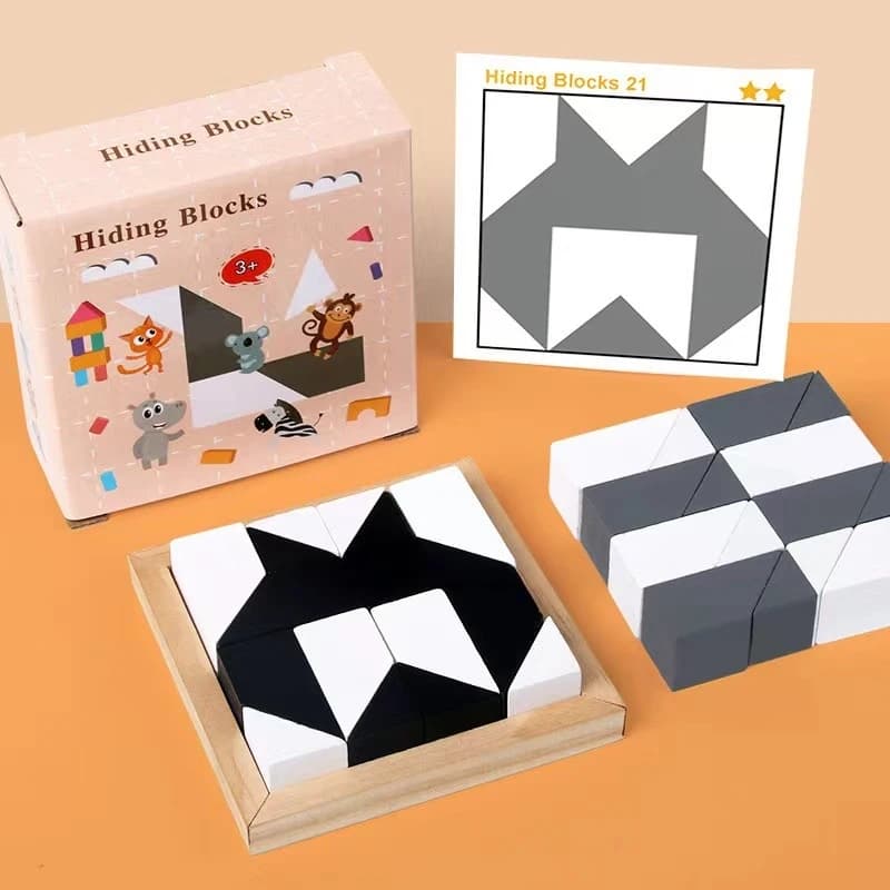 Montessori Wooden Black White Hidden Shape Blocks Puzzle Toddler Logical Thinking Brain Teaser Game With Challenge Cards