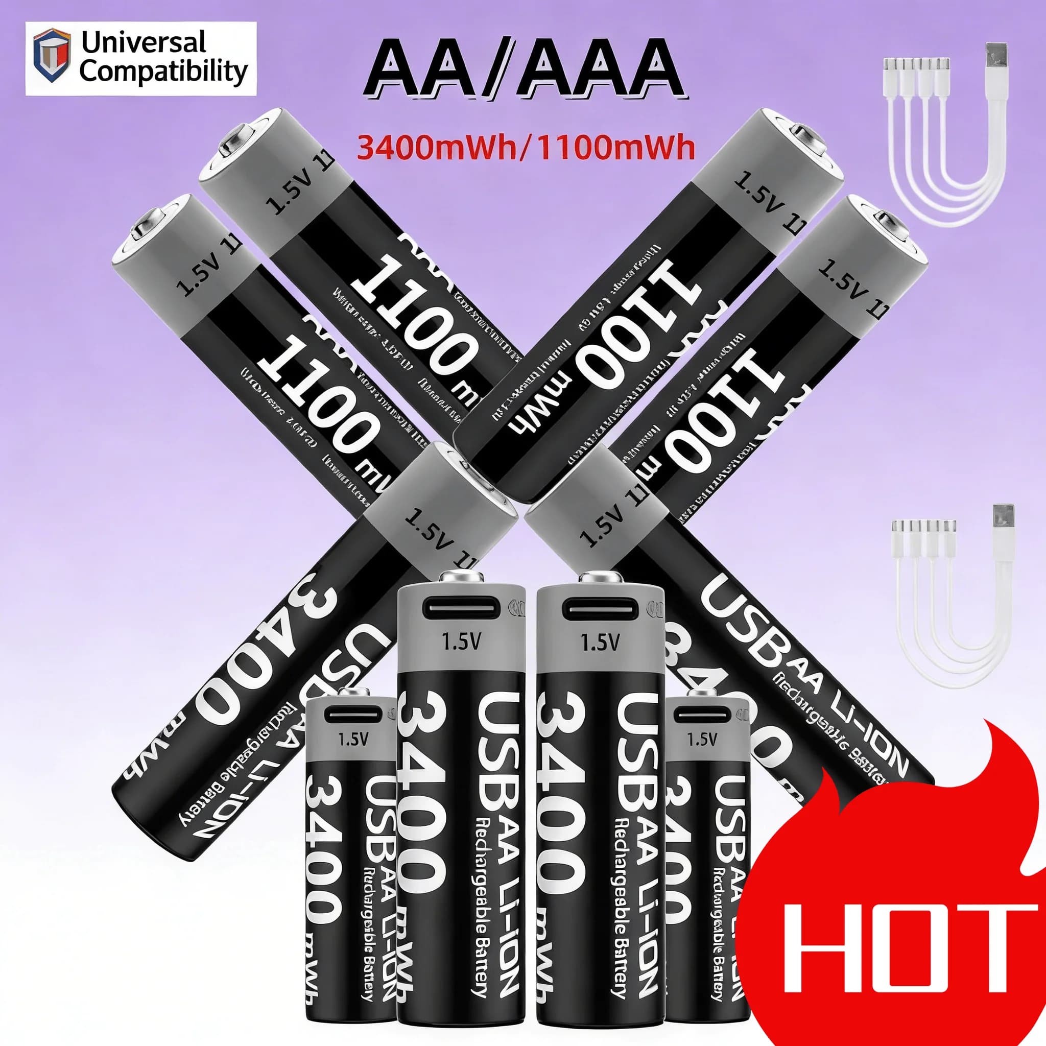 Set di batterie ricaricabili USB-C AA AAA agli ioni di litio, 3400mWh e 1100mWh, 1.5V costante con cavo, per serrature intelligenti, mouse, tastiere, giocattoli