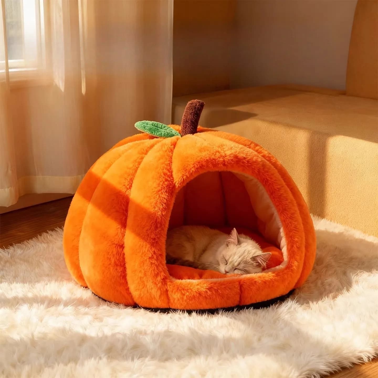 2027 Pumpkin Shaped Cats Bed Autumn and Winter Cat Accessories Semi Enclosed Thermal Insulation Pet Dog Cat's House Pet Supplies