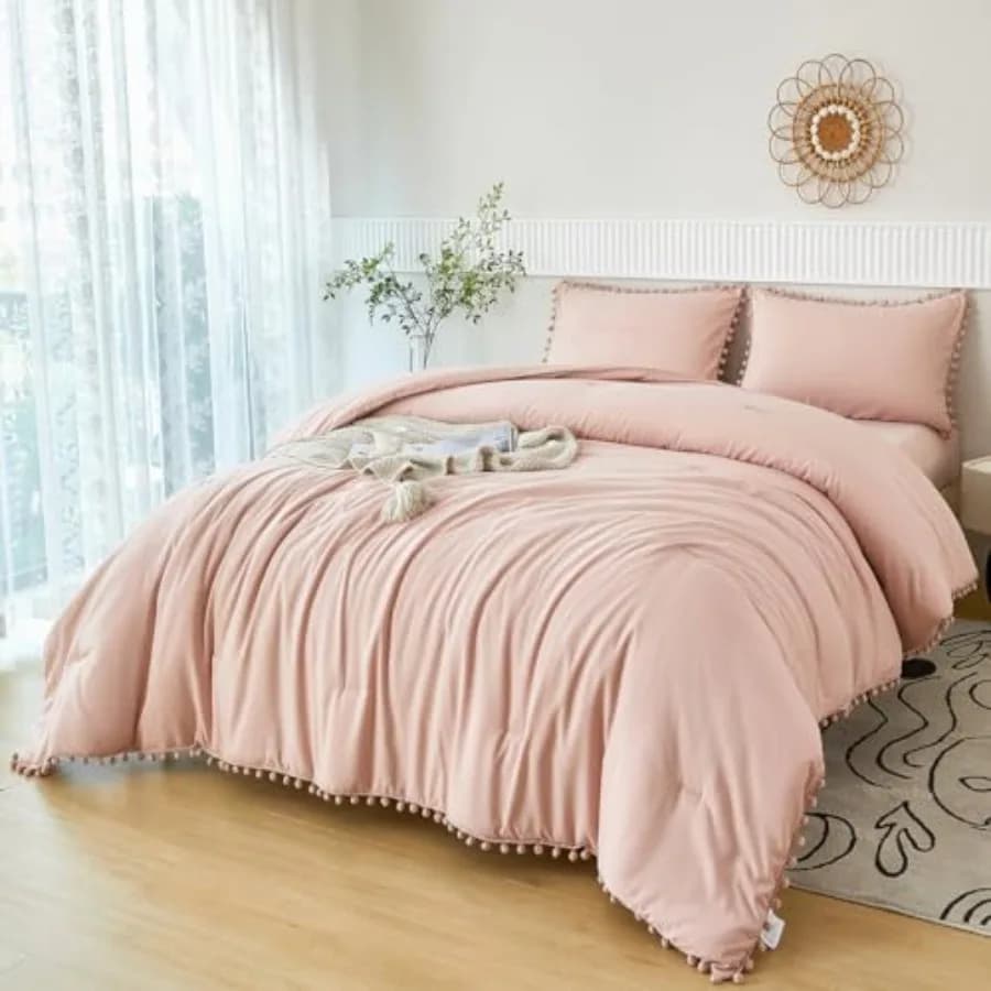 Set Letto Completo per Ragazze 5 Pezzi Stile Boho con Pompon, Copripiumino con Lenzuola, Biancheria da Letto Morbida e Leggera per Adolescenti, Letto Singolo