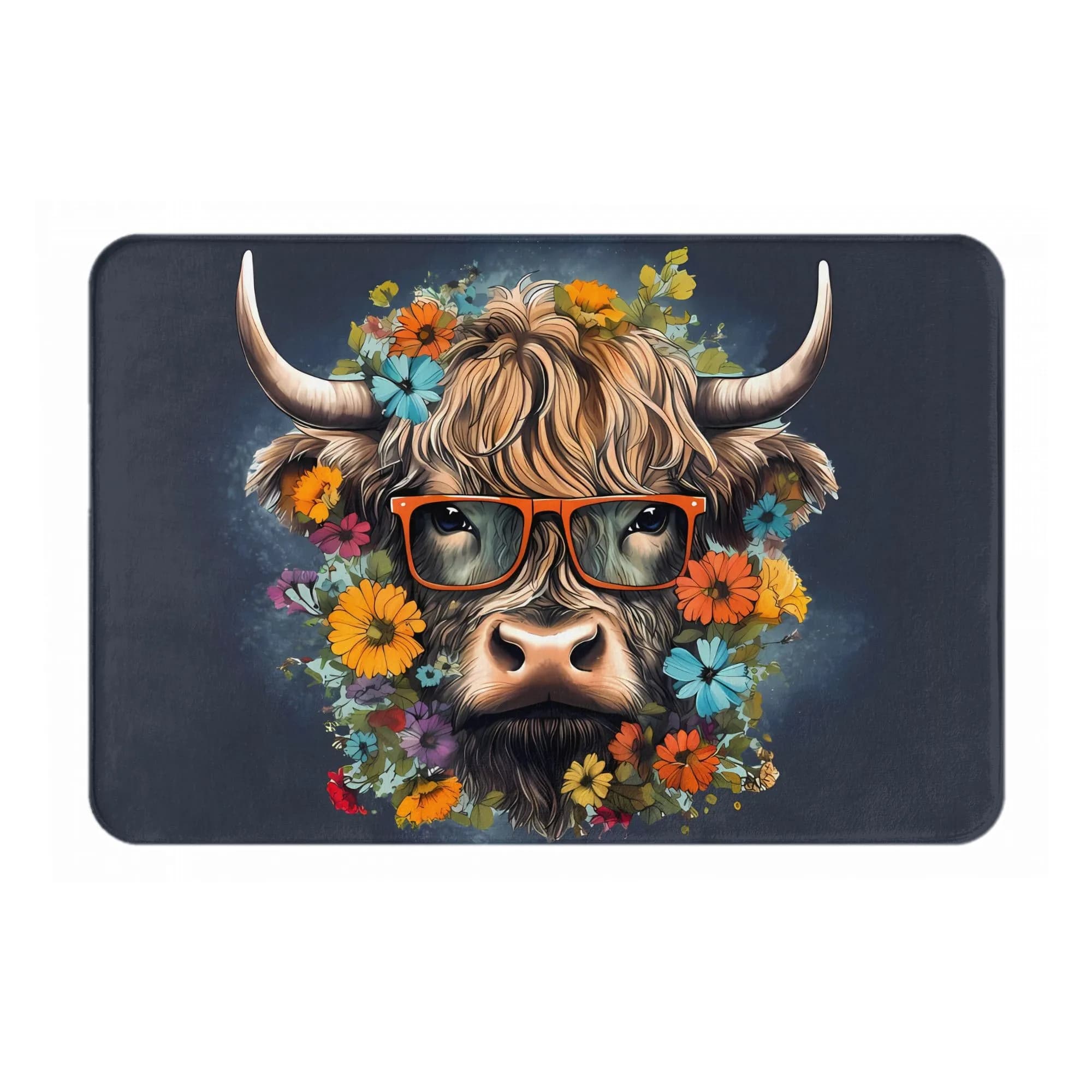 Highland Cow With Glasses Floral Print Door Mat Non-Slip Bath Floor Rug Modern Home Decor