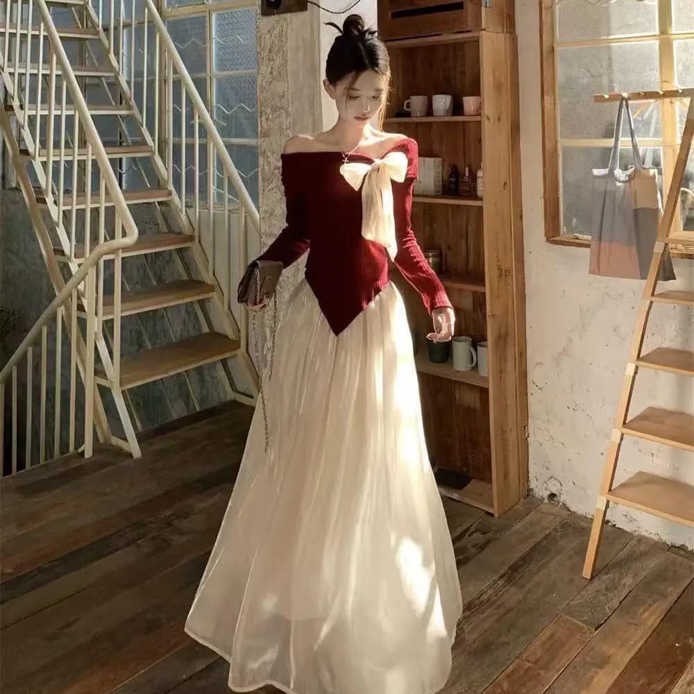 Red Style One Shoulder Christmas New Year Women's Suit Dress Long Sleeve round Neck Two Piece Set Fashionable Ensemble