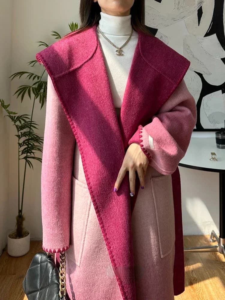 Cappotto lungo in cashmere sfumato Cappotto lungo in lana Autunno Inverno Donna Accappatoio con cappuccio di grandi dimensioni Cappotto in lana double face Donna Allentato caldo