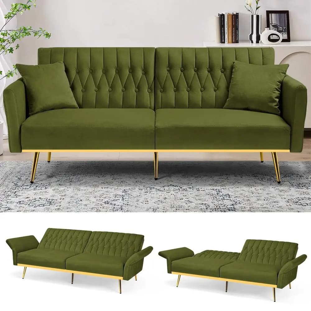 Futon in Velluto con Schienale e Braccioli Regolabili, Divano Letto con Cuscini Extra per Sala d'Attesa, Soggiorno e Ufficio, Verde Oliva