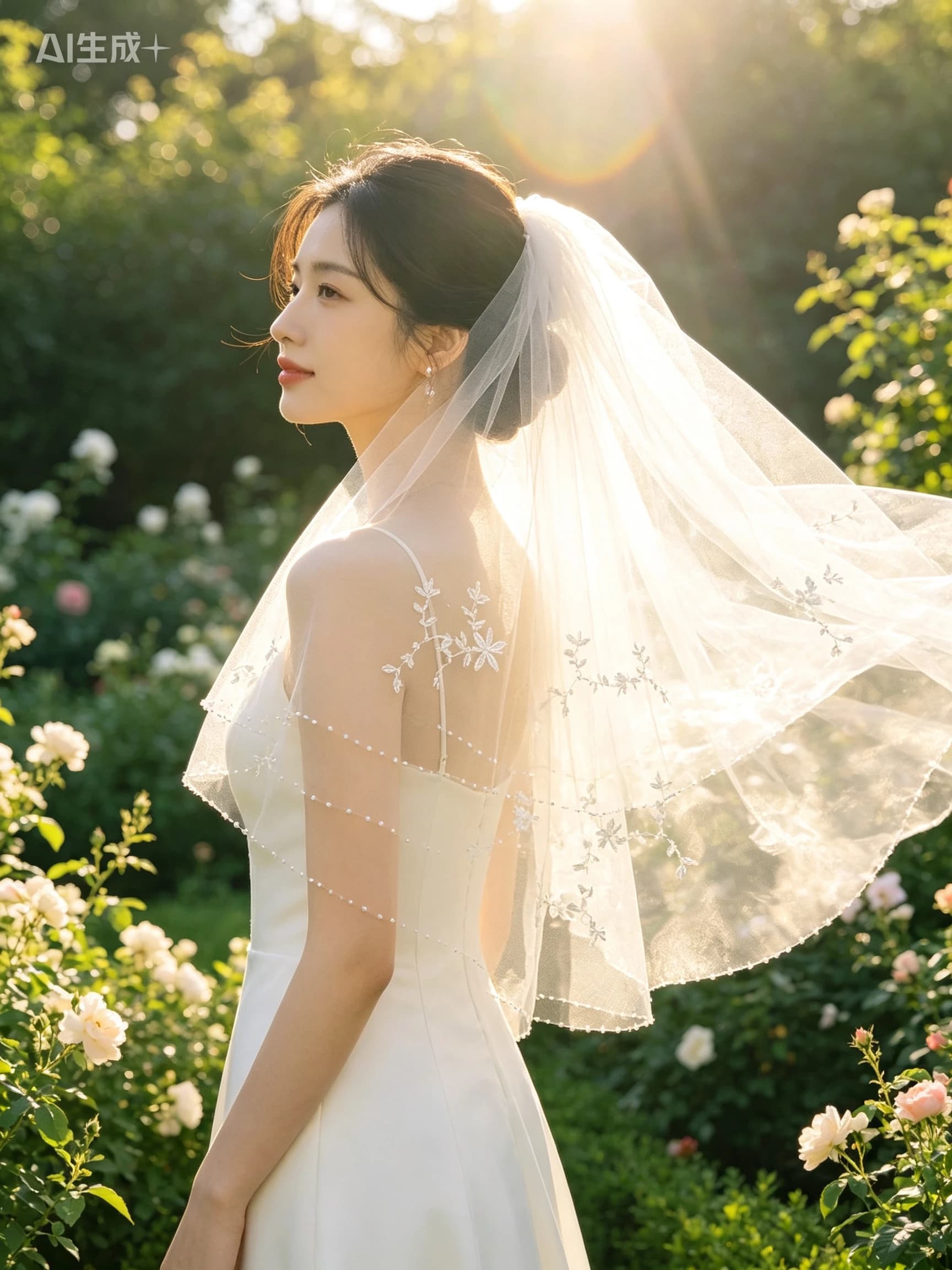 Velo da sposa cucito a mano con fiori di perle e perline - Velo da sposa corto in tulle, stile romantico per servizi fotografici in studio
