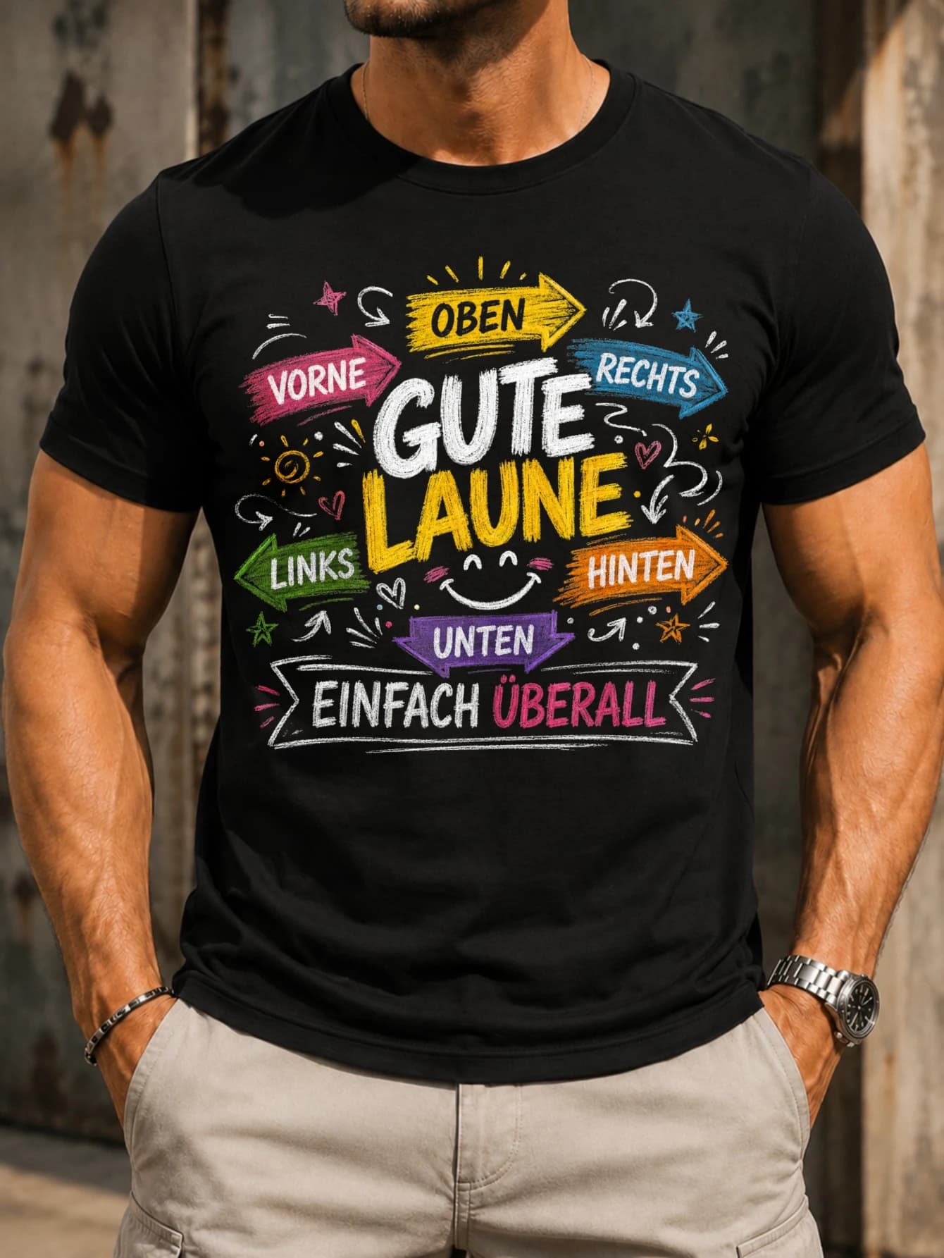 German good mood chalkboard arrows in many colors smile doodles andGute Laune Einfach uberal text Unisex All T-Shirt