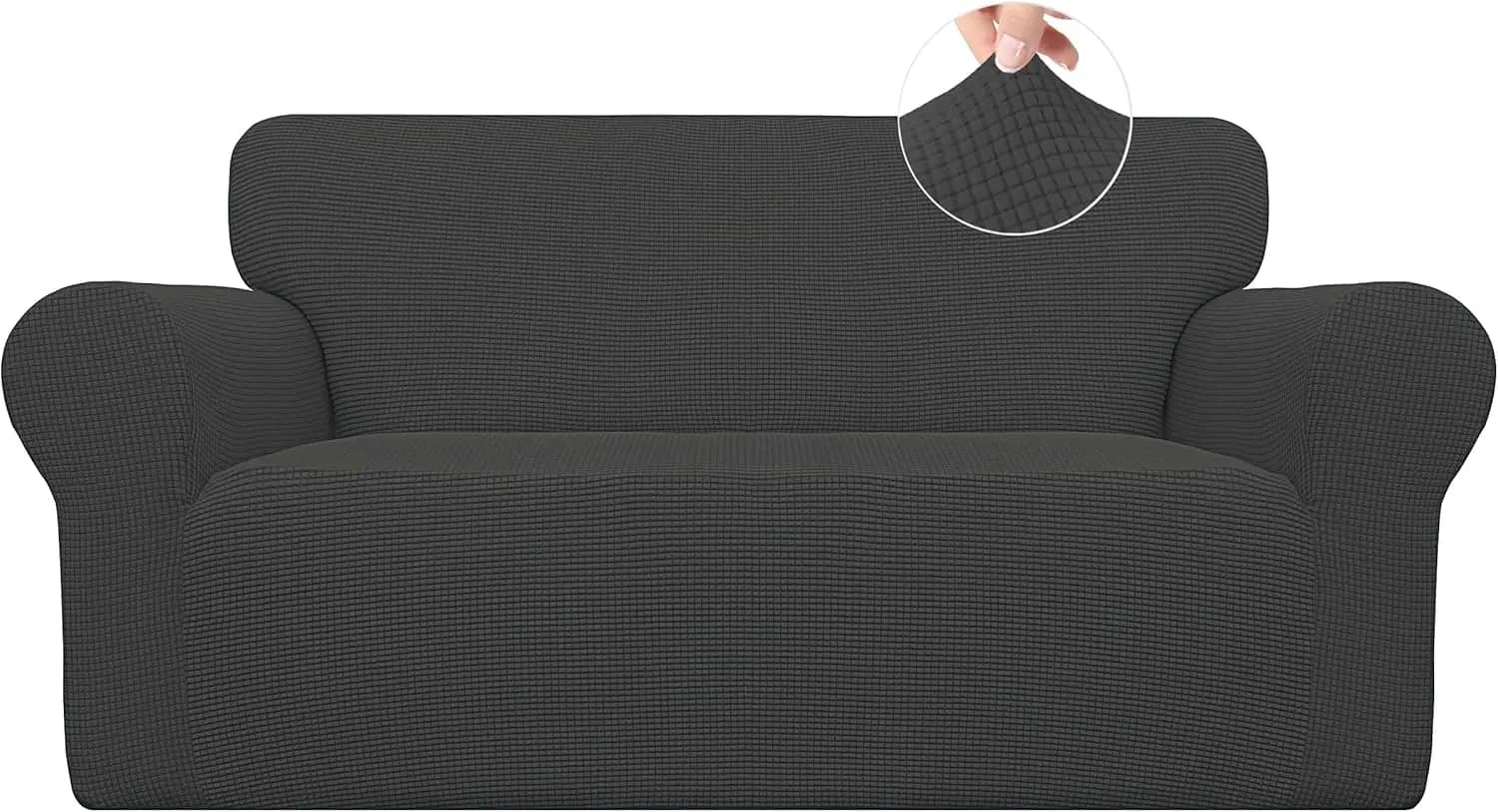Elasticized sofa cover, sofa cover with Elastic background, Jacquard fabric in Polyester and Spandex small squares in Dark Grey