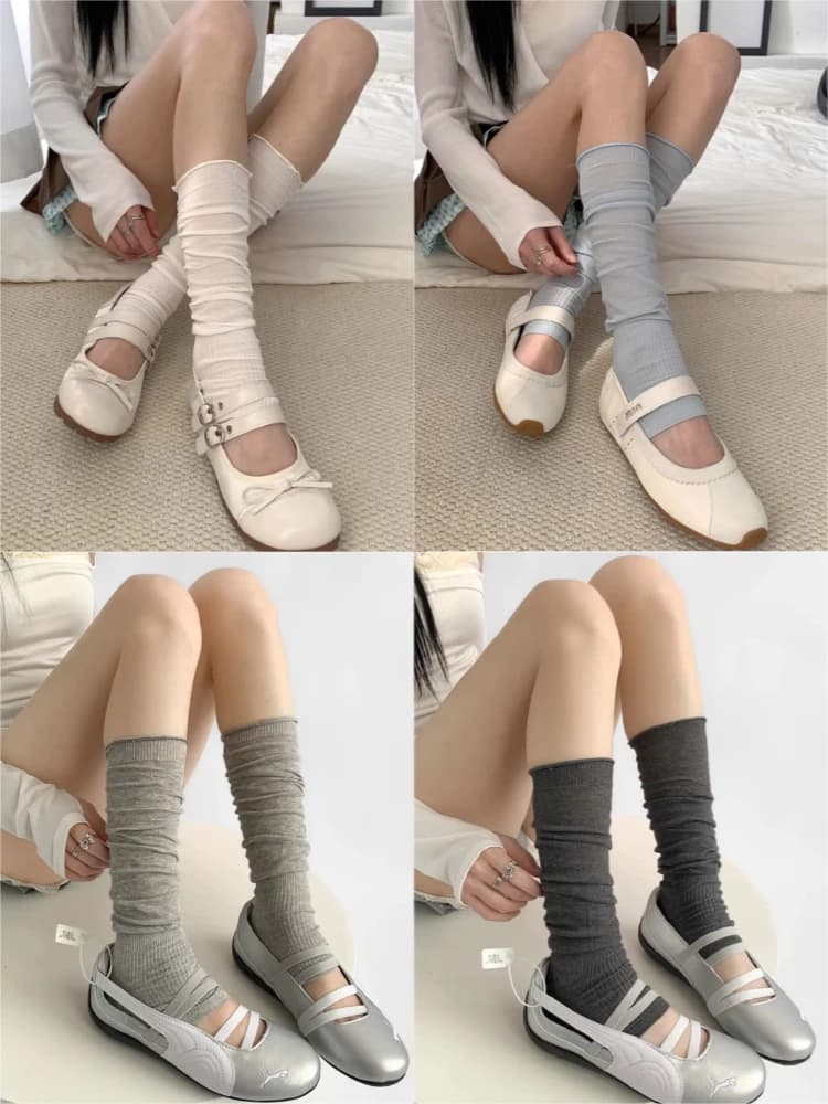 Scaldamuscoli slouch in cotone con bordo arricciato sottile Donna Ins Trendy Lolita Cos JK Style Balletto Tinta unita Estrattore al polpaccio Calzini alti al ginocchio